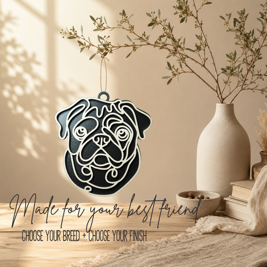 Pug Layered Wood Keepsake | Dog Ornament, Car Charm & Dog Lover Gift