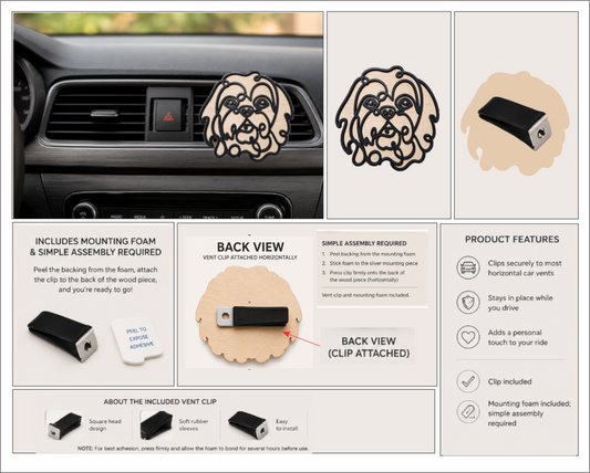 Car vent charm assembly showing vent clip and mounting foam attachment