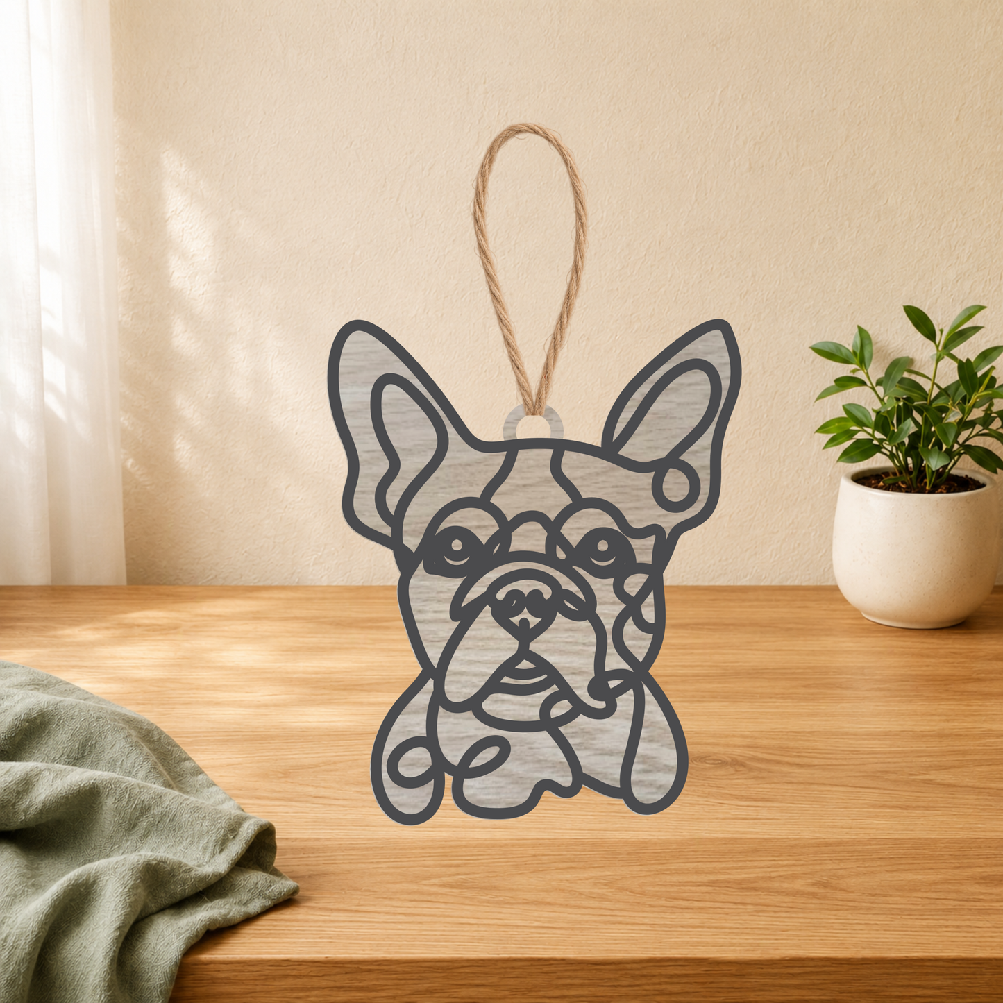 Boston Terrier birch wood ornament with line art design
