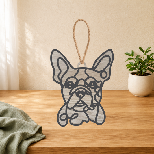 Boston Terrier birch wood ornament with line art design