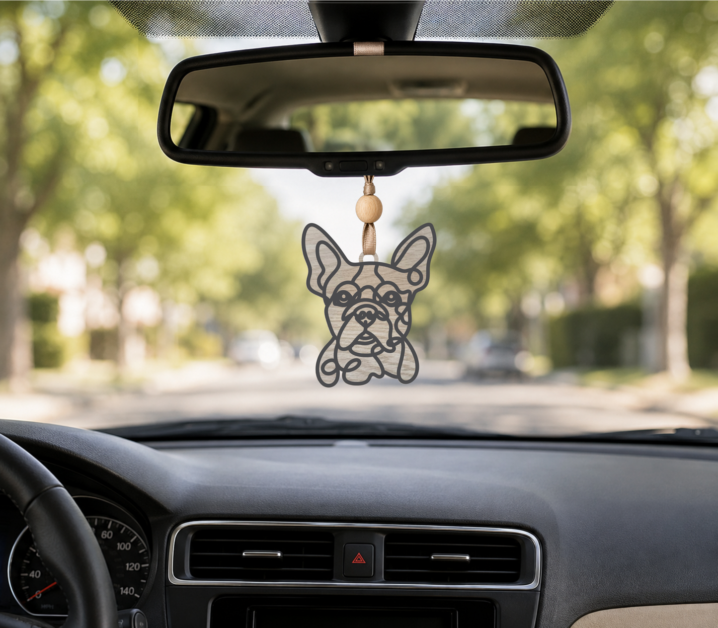 Boston Terrier rearview mirror car charm in birch wood