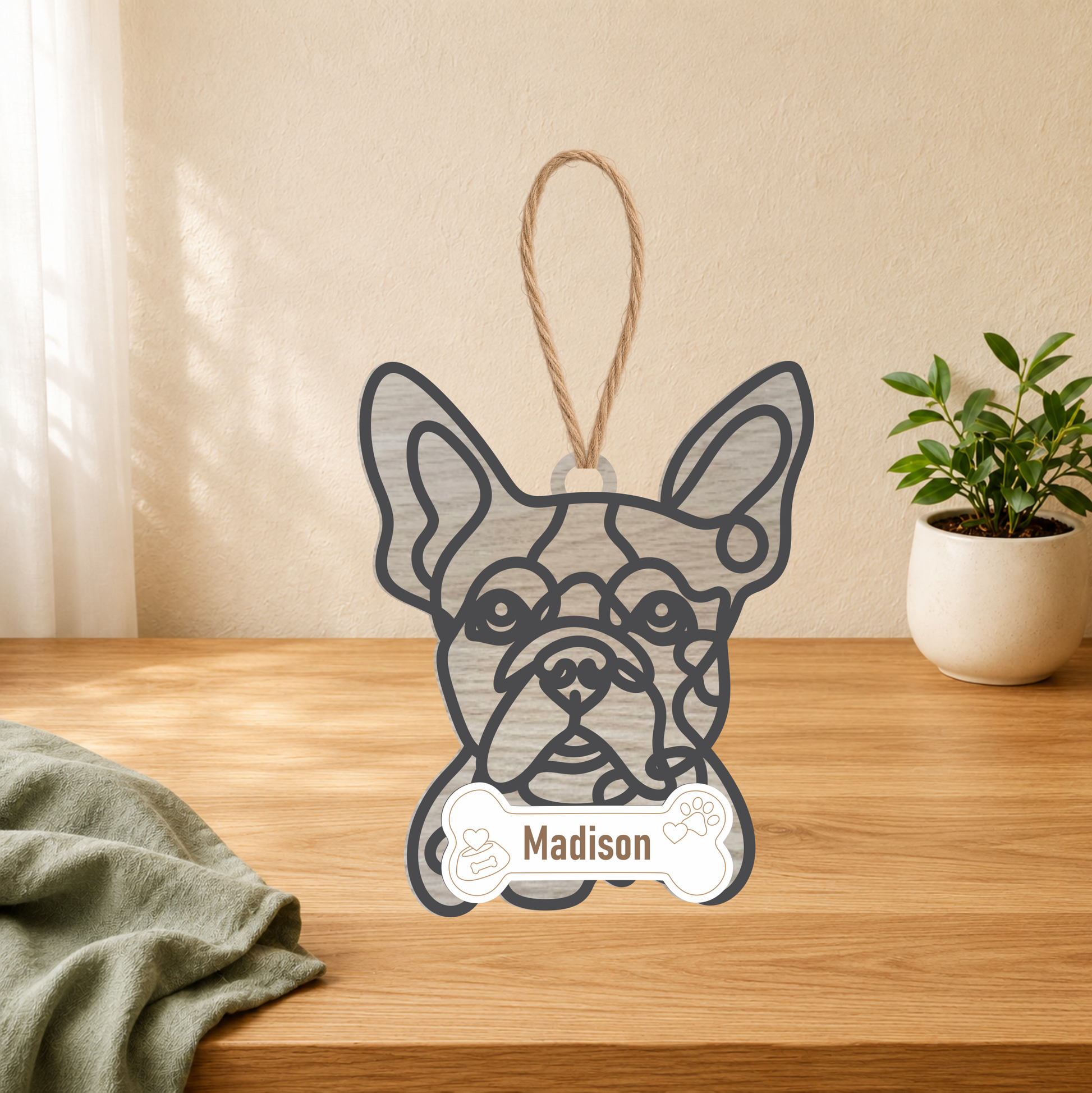 Personalized Boston Terrier birch wood ornament with name bone