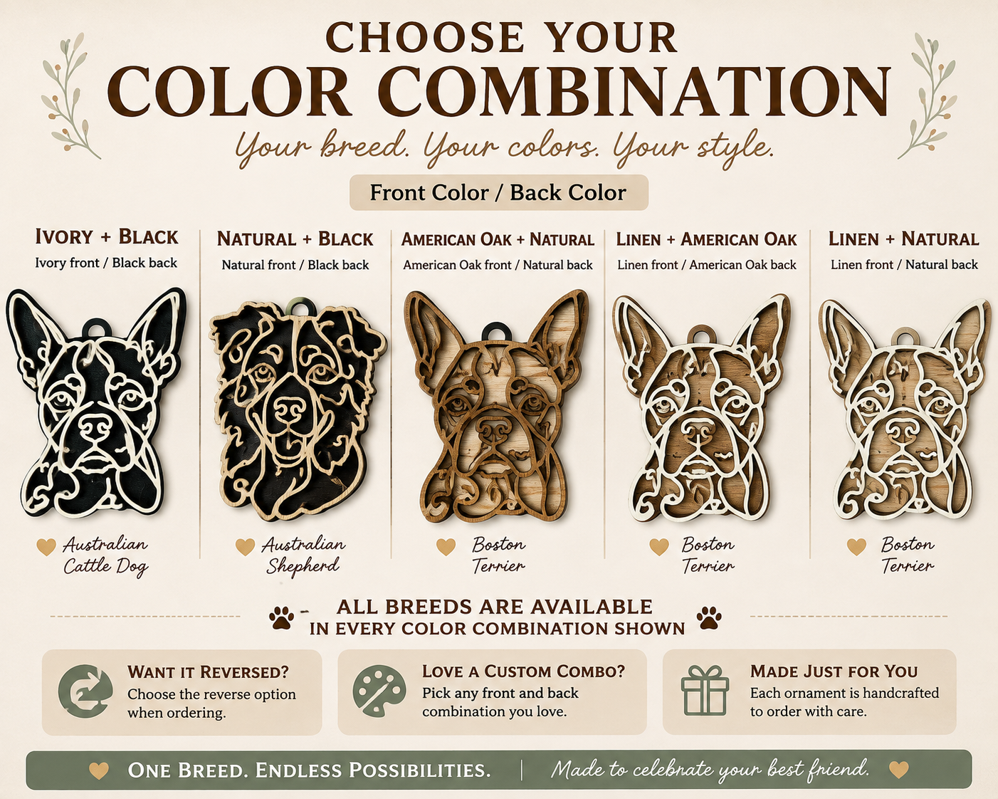 Australian Shepherd Wood Ornament, Bag Tags & Car Charm